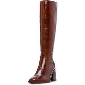 Women Caramel Polyurethane Knee High Square Toe Side Zipper Block Heel Tall Boot